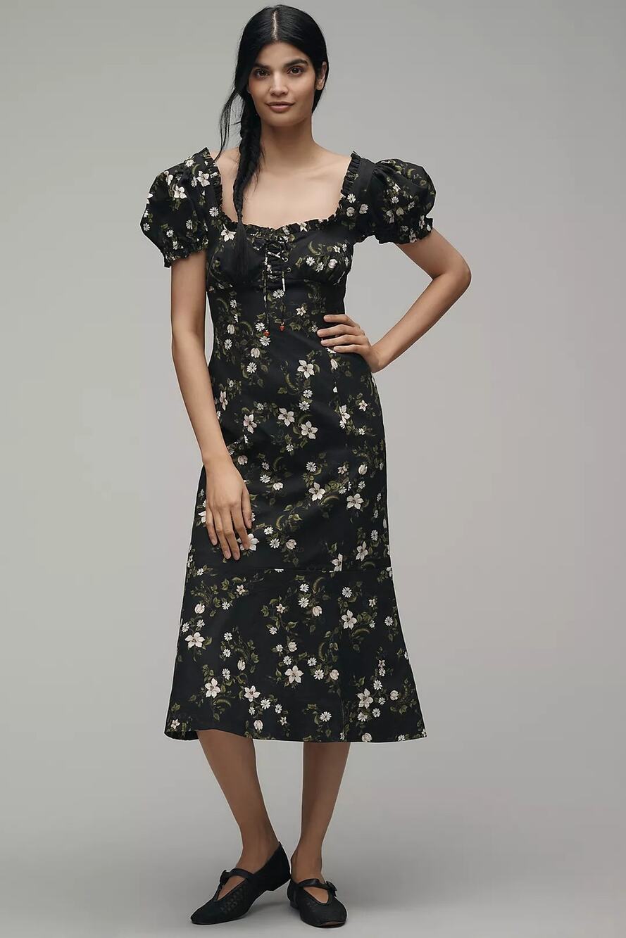 NWT Anthropologie Maeve Linen Blend Puff-Sleeve Sweetheart Midi Dress $178 SMALL